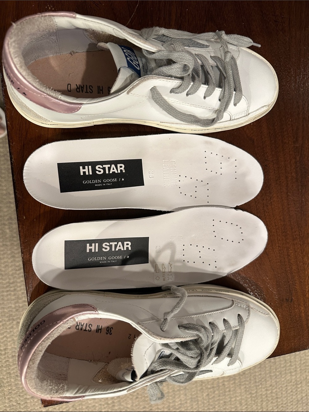 Golden Goose White Leather Sneakers with Pink Heel and Gray Laces - Picture 6 of 9